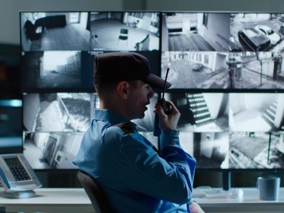 Security guard talking on walkie talkie while looking at cctv camera footage on multiple computer screen.